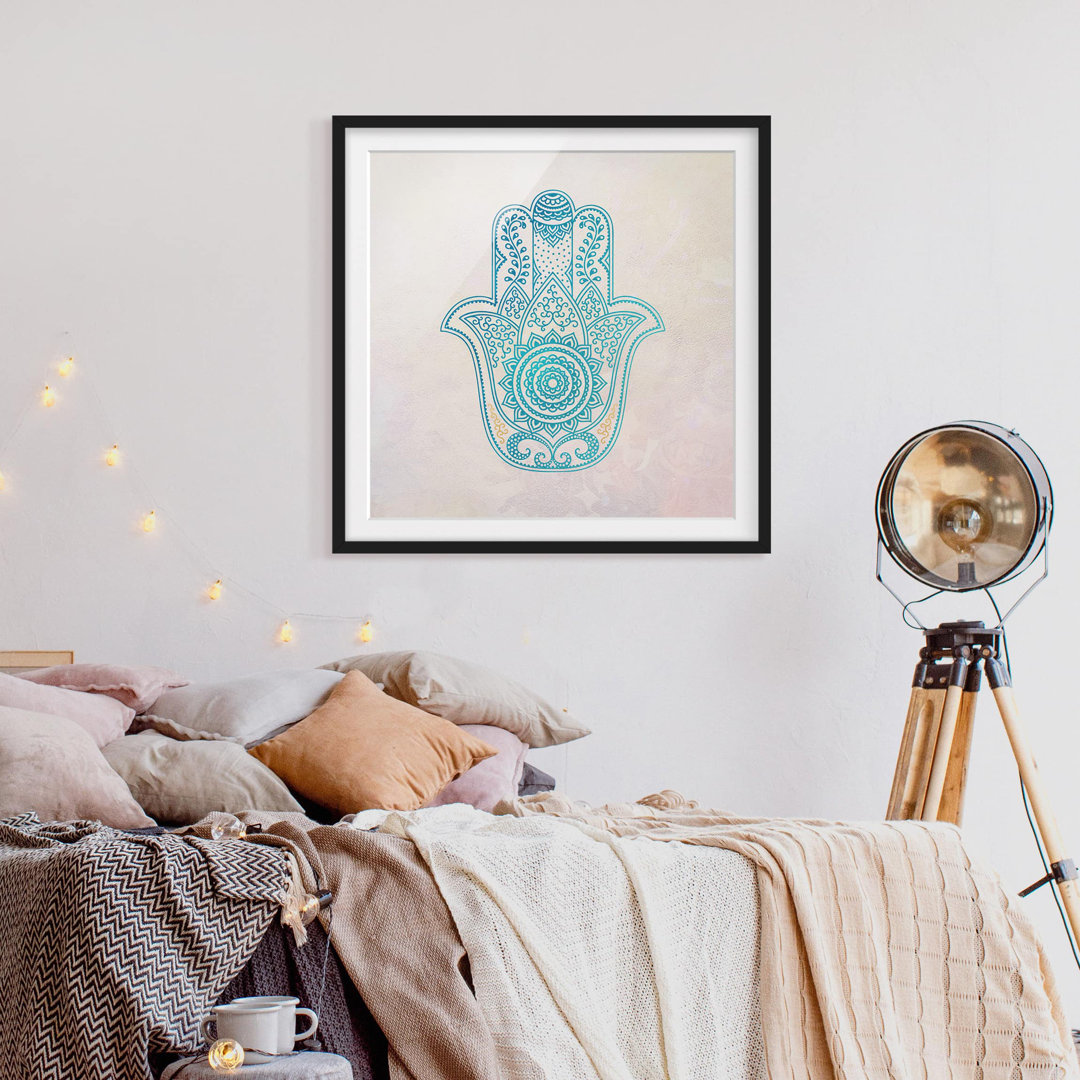 Gerahmtes Plakat-Hamsa-Handillustrations-Mandala-Goldblau