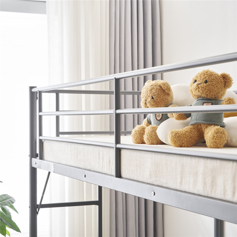 Twin Size Metal Loft Bed With Desk And Storage Shelves, 2 Built-In Ladders, Gray