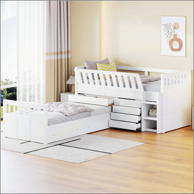 L-Shaped Space-Saving Twin Loft And Twin Platform Bed With 7 Drawers And Full Guardrails by Red Barrel Studio