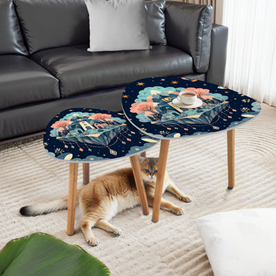 Triangle Nesting Coffee Table Set of 2 Whimsical Floating Island Lighthouse Fantasy Elements Night Sky End Table Modern Minimalist Side Table Set for Living Room Bedroom