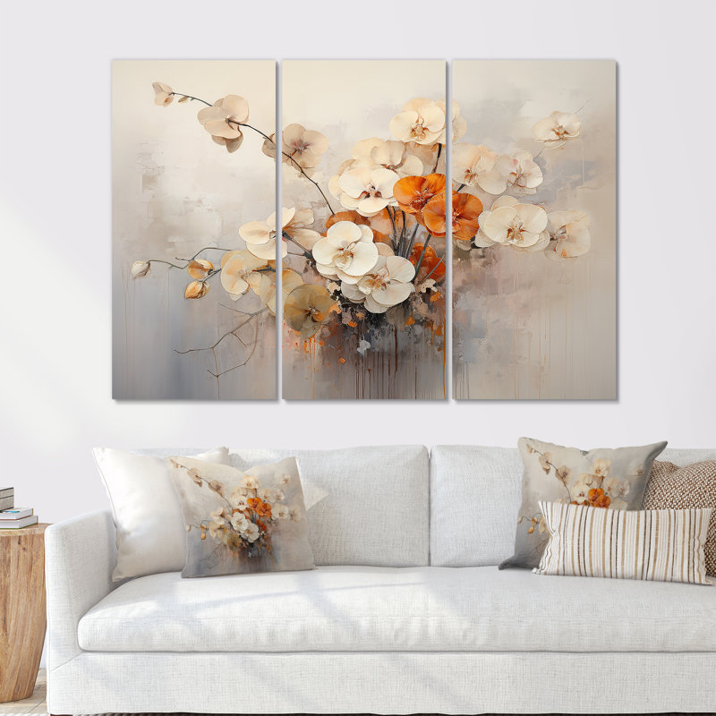 Beige And Orange Minimalism Pansy Delight - Pansies Wall Decor Set, 28" H x 36" W x 1" D, Wrapped Canvas