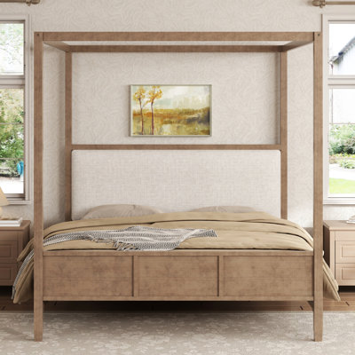Wooden Canopy Platform Bed With Upholstered Headboard, No Box Spring Needed