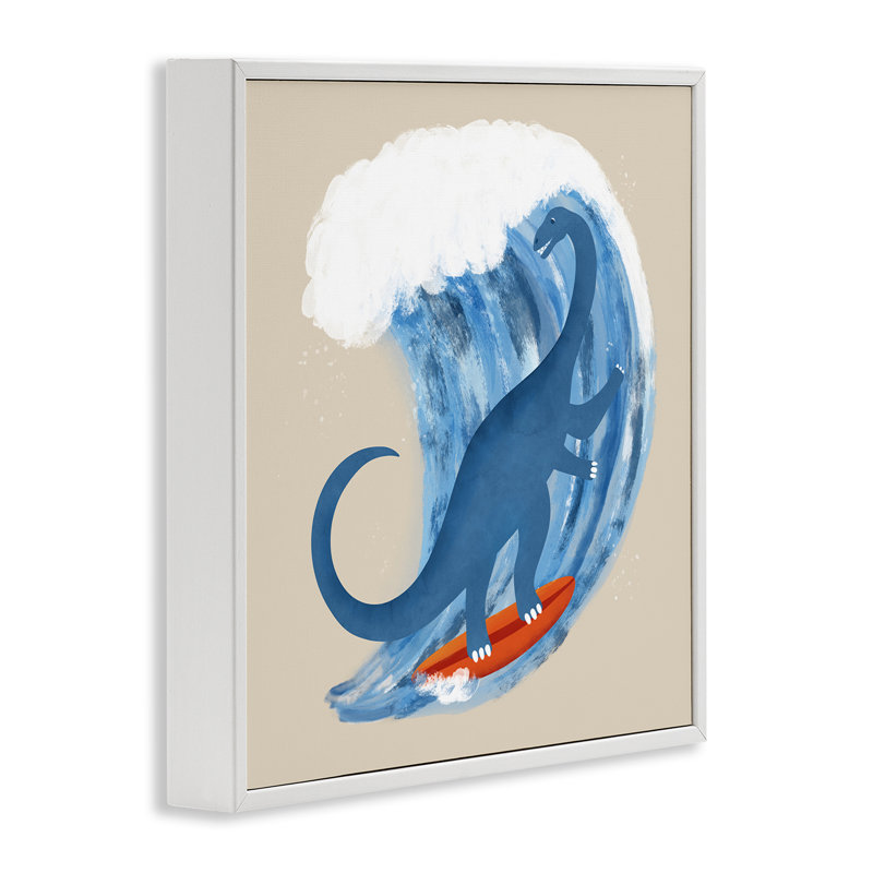 «Surfing Dino Brontosaurus», art de la giclée encadrée par Carrie Cantwell, Estampe numérique encadrée blanc bord de mer