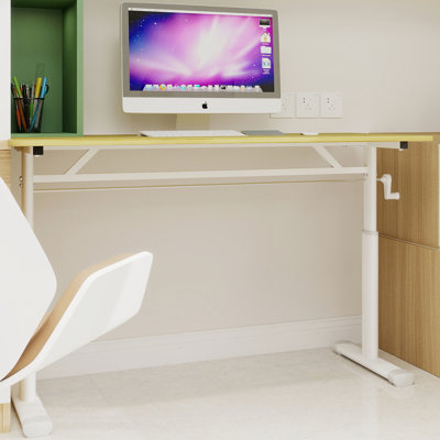 Bureau à hauteur réglable pour adultes, avec support pour les mains, multifonctionnel pour le bureau à domicile, pieds blancs, plateau couleur bois, double colonne de support, design simple et élégant.
