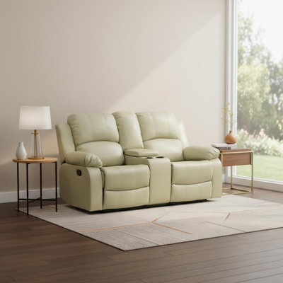 Causeuse en cuir recyclé beige - Canapé de salon à 2 places avec cuir respirant d'aspect peau, structure en bois massif, double ressort et éponge haute densité, fauteuil inclinable réglable (110 à 115 °) avec compartiment de rangement et porte-gobelet, support lombaire ergonomique
