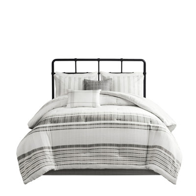 Cotton Oversized Comforter Full. White With Grey Stripes. . Comprises Comforter, Bed Skirt, Shams & Decorative Pillows. Easy To Wash 6 Bedding Ground And Comforter. Skirt