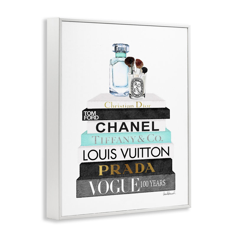 Pile à livres - Brosses à parfums glamour - Publicité sur bois, H 20 po x l 16 po, Giclée encadrée blanc bord de mer