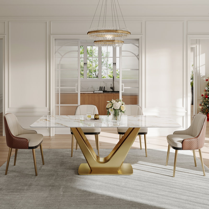 Randahl 71'' Modern Rectangular Dining Table for 6, Luxury Kitchen Table with Glossy Sintered Stone Top, Gold Stainless Steel Legs