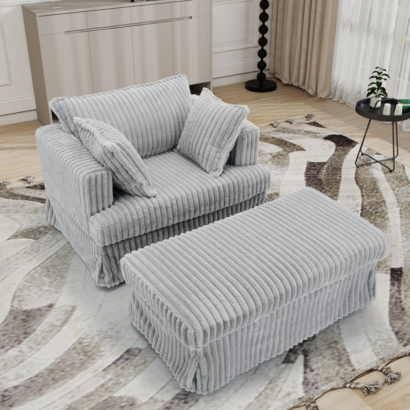 Oversized Corduroy Chaise Longue With Ottoman, Light Gray