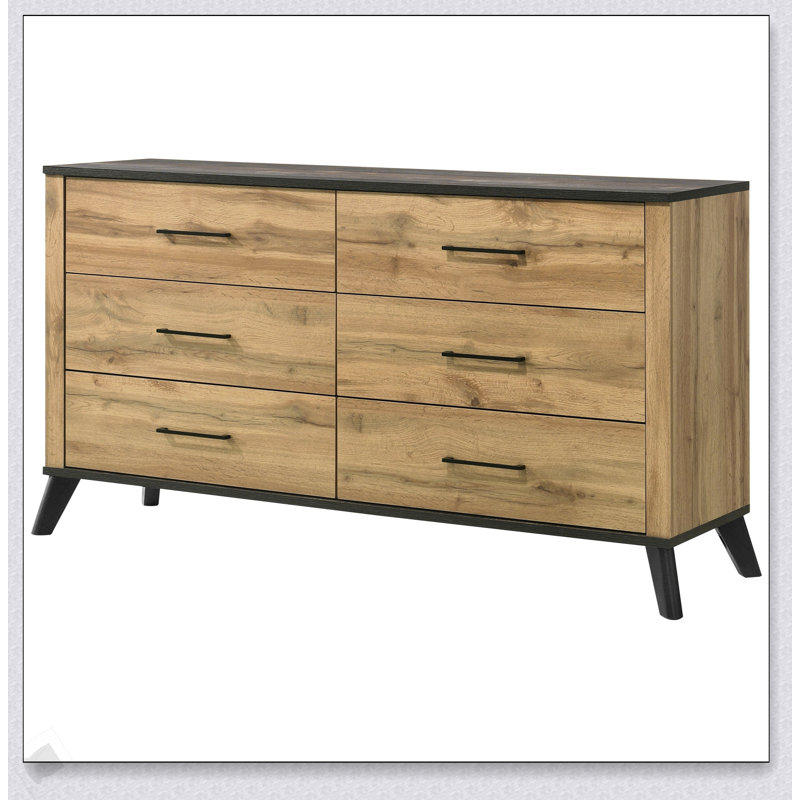 Commode 6 tiroirs en pin naturel avec finition vieillie et fabrication durable pour un rangement élégant