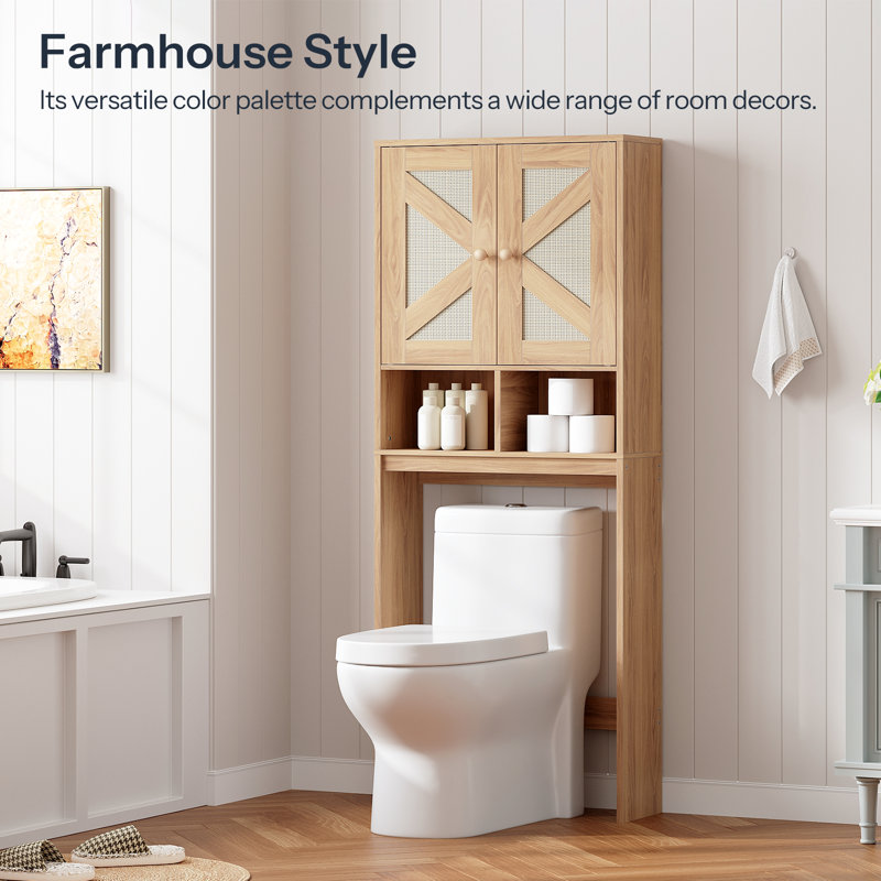 Over-the-toilet Storage Cabinet With Rattan-style Doors, Adjustable Shelf & Anti-tip Kit, Farmhouse Bathroom Organizer For Bathroom Laundry Room
