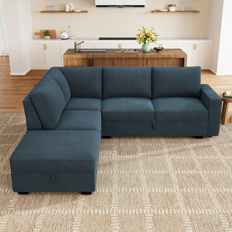 Canapé modulaire en L Brunella, Velours côtelé bleu, H 35 po x l 87 po x P 84,2 po
