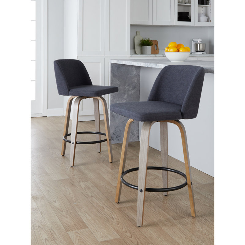 Tabouret de comptoir à hauteur fixe de 26 po avec pieds en bois cintré et repose-pieds rond Thea, Blanc délavé / noir, Bleu