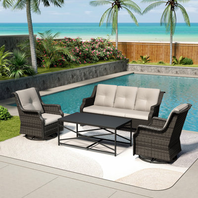 5-Person PE Wicker Outdoor Patio Set with 3-Seat Sofa,Chairs,Coffee Table & Beige Cushion
