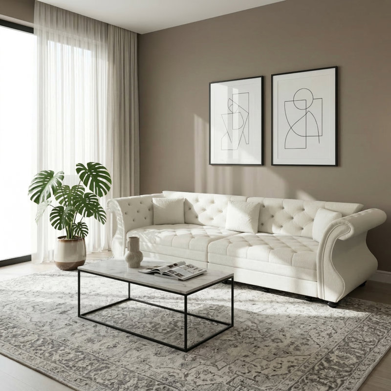Canapé-lit 98 po très grand Chesterfield, H 34,6 po x l 98 po x P 33 po, Blanc / beige