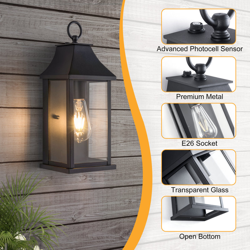 1 - Light 15''H Black Iron ETL Outdoor Wall Light with Tempered Glass and Dusk to Dawn, Matte Black