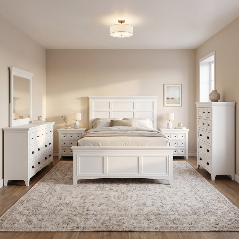 Ensemble de chambre à coucher Genesha, Très grand, Blanc, Ensemble de six pièces : lit, deux tables de che