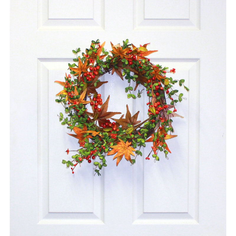 22" Artificial Fall Berry & Maple Leaf Wreath on Natural Twig Base