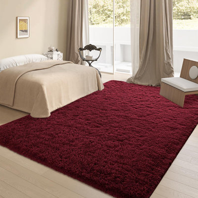 Grand tapis rouge bourgogne, tapis rouge foncé moelleux pour la chambre à coucher