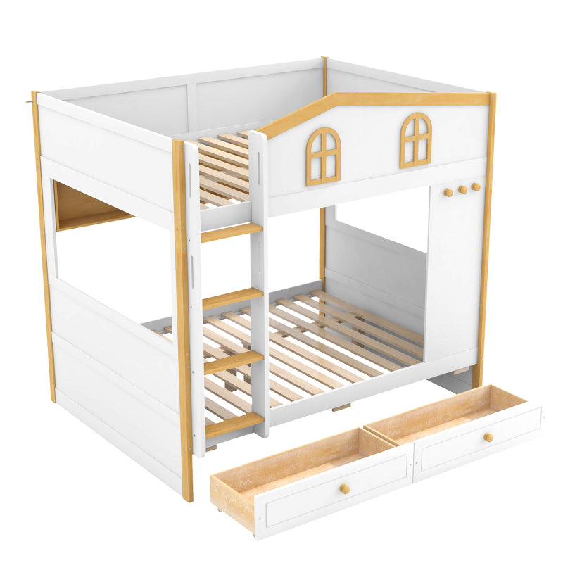 Lit superposé double au-dessus de double avec garde-corps en forme de maison et tablettes et tiroirs de rangement, blanc et naturel