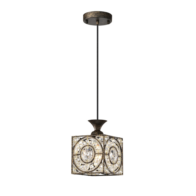 Xanthe Cube Pendant Ceiling Light With Circle Pattern And Crystals - Antique-Bronze, Bronze