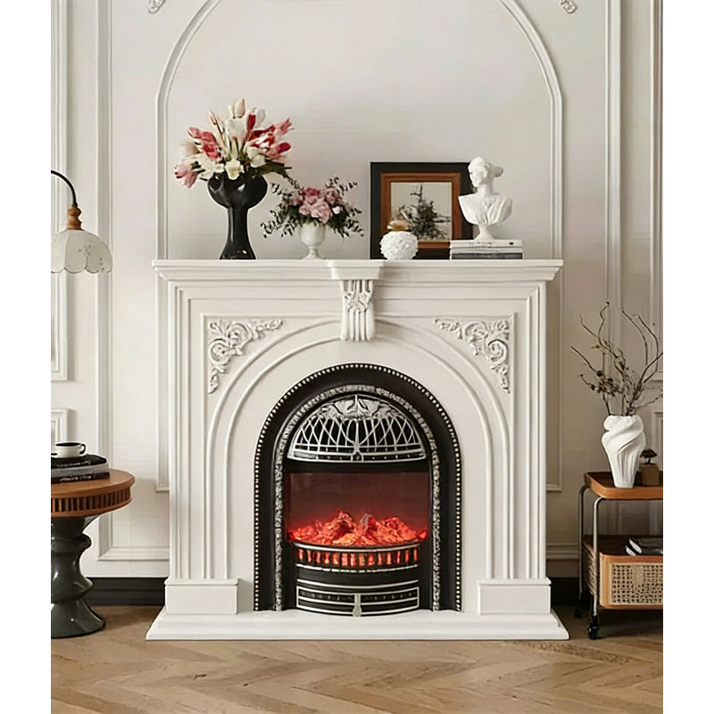 Foyer décoratif français en bois massif à flamme simulée, Blanc, H 43,31 po x l 51,18 po x P 13,78 po