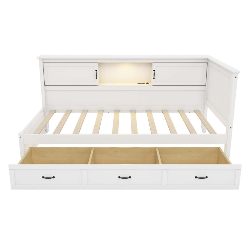 L-Shaped Bed Frame With Drawer And And Bookcase,Corner Bed Wooden Captain Bed With Led Downlight And USB Port, Twin