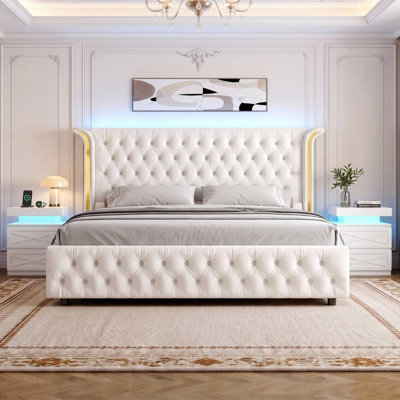 Ellaville 3 Piece King Size Bedroom Set, Velvet Upholstered Deep Button Tufted Platform Bed with LED Wall Washer Lighting, Modern Wood Platform Bed Frame and Nightstand Set (Set of 3)