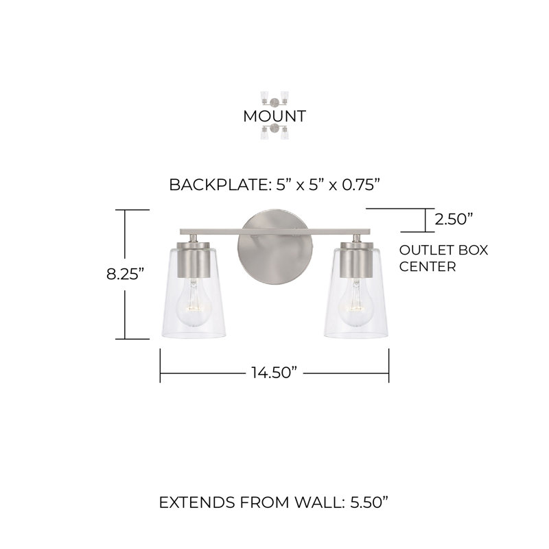 2 - Light Dimmable Vanity Light, Brushed Nickel