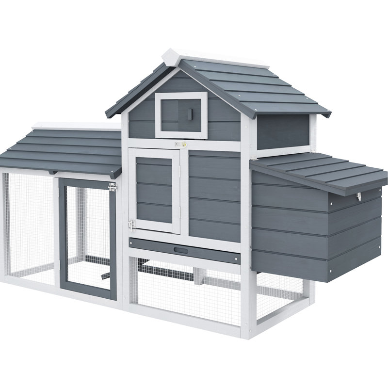 Poulailler en bois blanc avec 2 portes, nichoir et plateau amovible pour poulailler dans un patio extérieur de 59 po