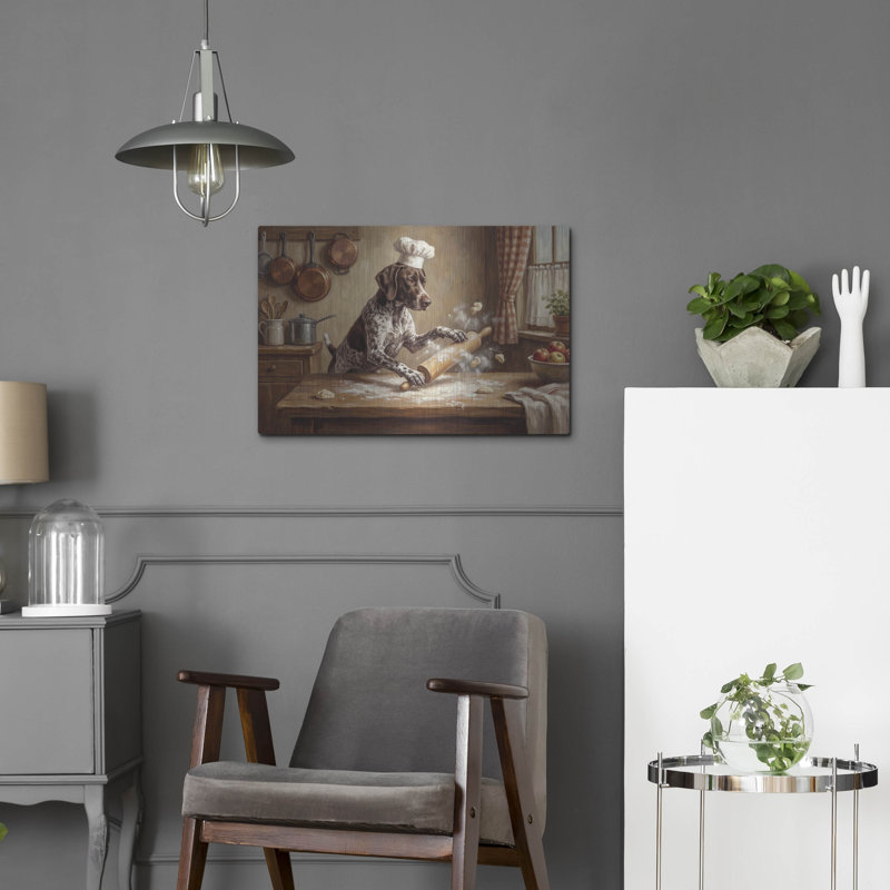  «German Shorthaired Pointer In The Kitchen» par Rich Monet, art mural en métal, 24 po x 16 po, H 16 po x l 24 po