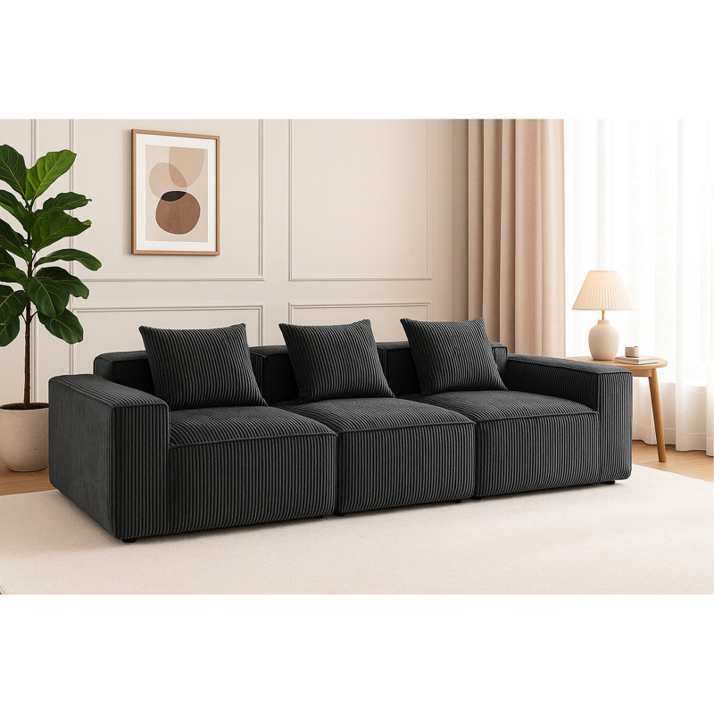 3 compresseurs modulaires en velours côtelé gris, assise moelleuse, design artistique, apparence, sans assemblage requis, luxueux, style, structure, nécessaire, teinte