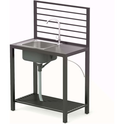 Îlot de cuisine extérieur avec rangement, évier de cuisine en aluminium en acier inoxydable avec robinet et égouttoir, tablettes de rangement autoportantes avec couvercle de protection intérieur extérieur