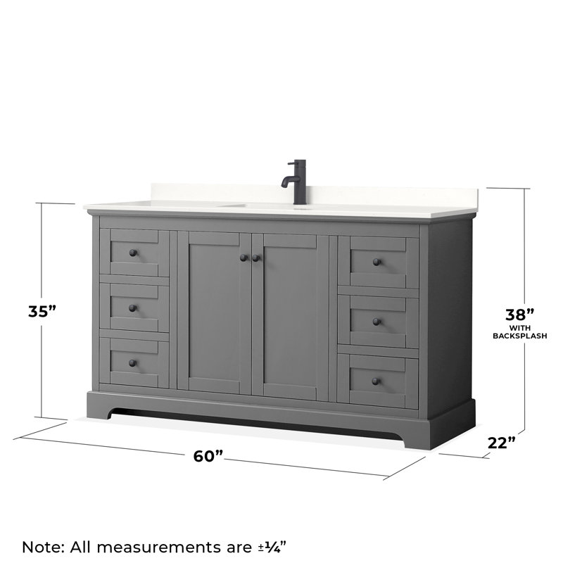 Avery Single Bathroom Vanity with Top, White Quartz, Dark Gray, Matte Black
