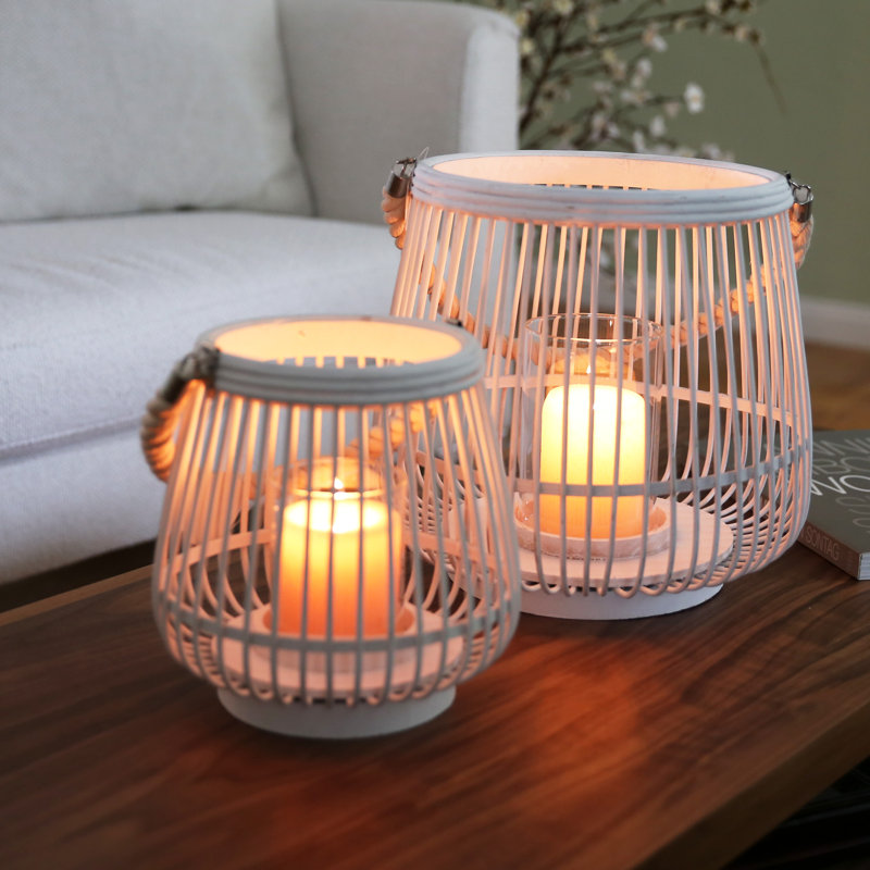 Ensemble de lanternes rondes en bois 2 pièces, Blanc