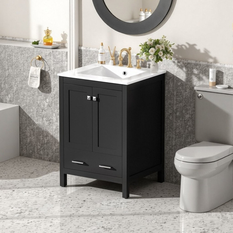 Élégance peu encombrante: meuble-lavabo de 24 po avec lavabo encastré intégré et armoire de rangement intelligente, Noir
