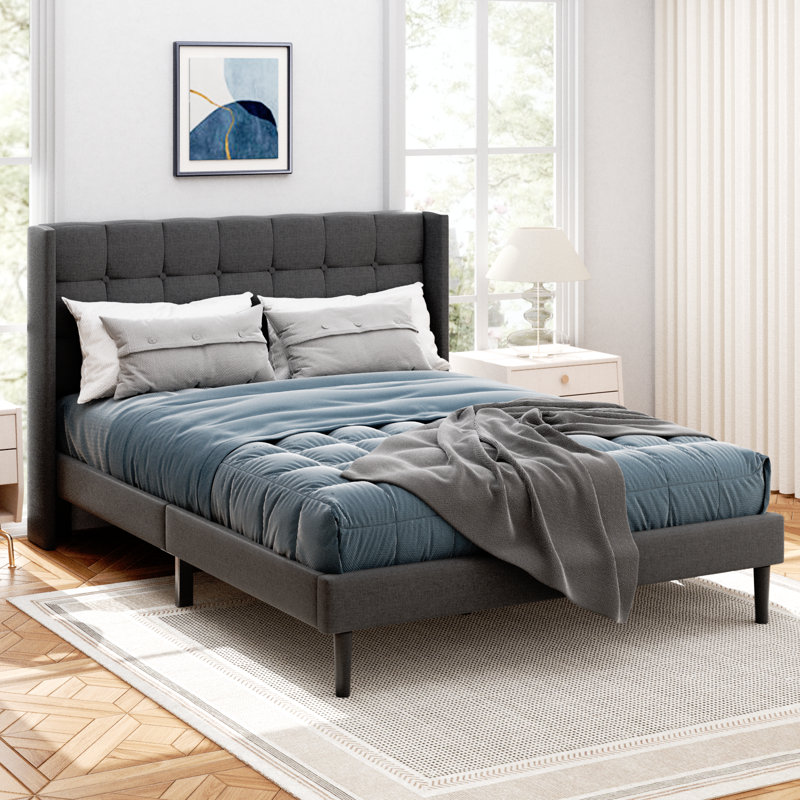 Lit plateforme tapissier Seon avec tête de lit Winback, Lit double, Gris foncé
