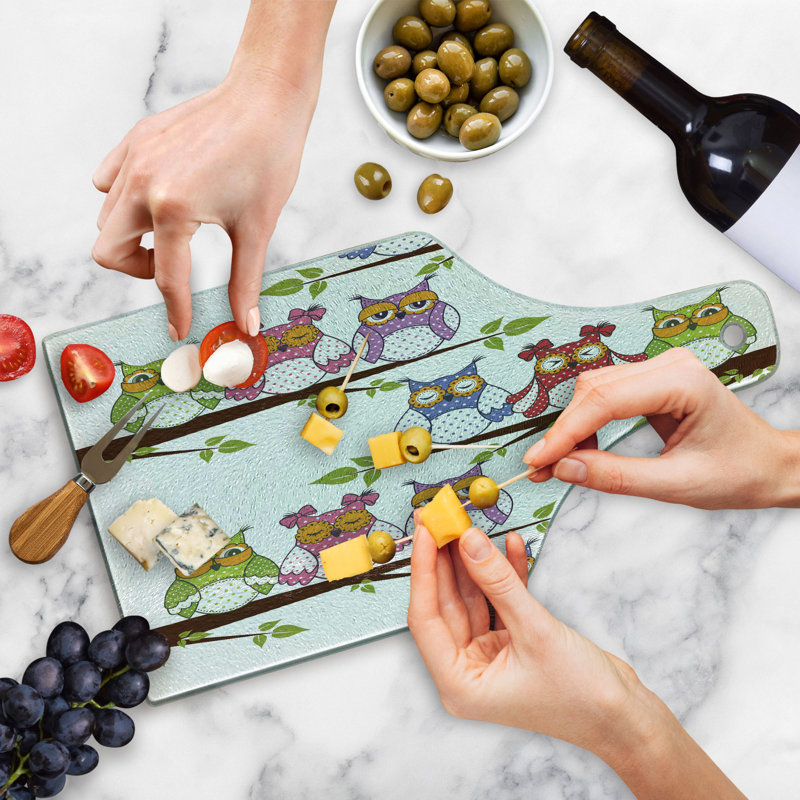 Ambesonne Owls Tempered Glass Cutting Board Birds on Tree Branches Multicolor