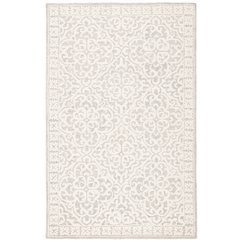 Aude Damask Handmade Tufted Wool Area Rug in White, Rectangle 5' x 8'