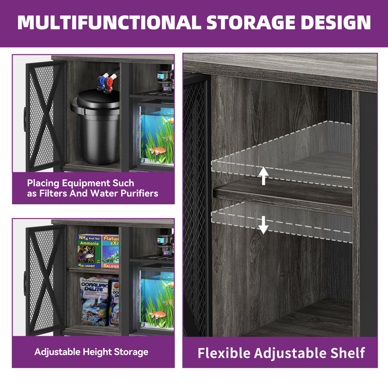 Gray Heavy Duty Metal Aquarium Stand with Cabinet and Power Outlets