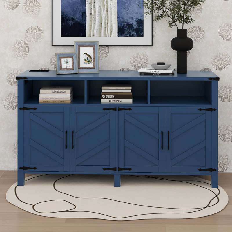 Modern 4-Door Sideboard Buffet With Adjustable Shelves And Half-Open Storage Cabinet, Navy Blue