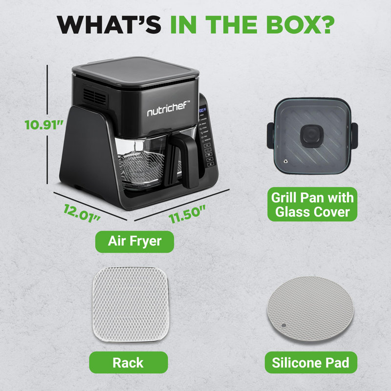 Nutrichef 1500W Electric Air Fryer & Grill With 4L Glass Pot, 7-In-1 Functions, Large Digital Control Panel, Timer, Temperature Display, And Safety Microswitch (Black)