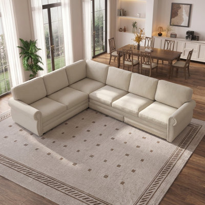 118" L-Shaped Traditional Convertible Sleeper Sectional Sofa with Pull-Out Bed, Nailhead Trim and Rolled Arms