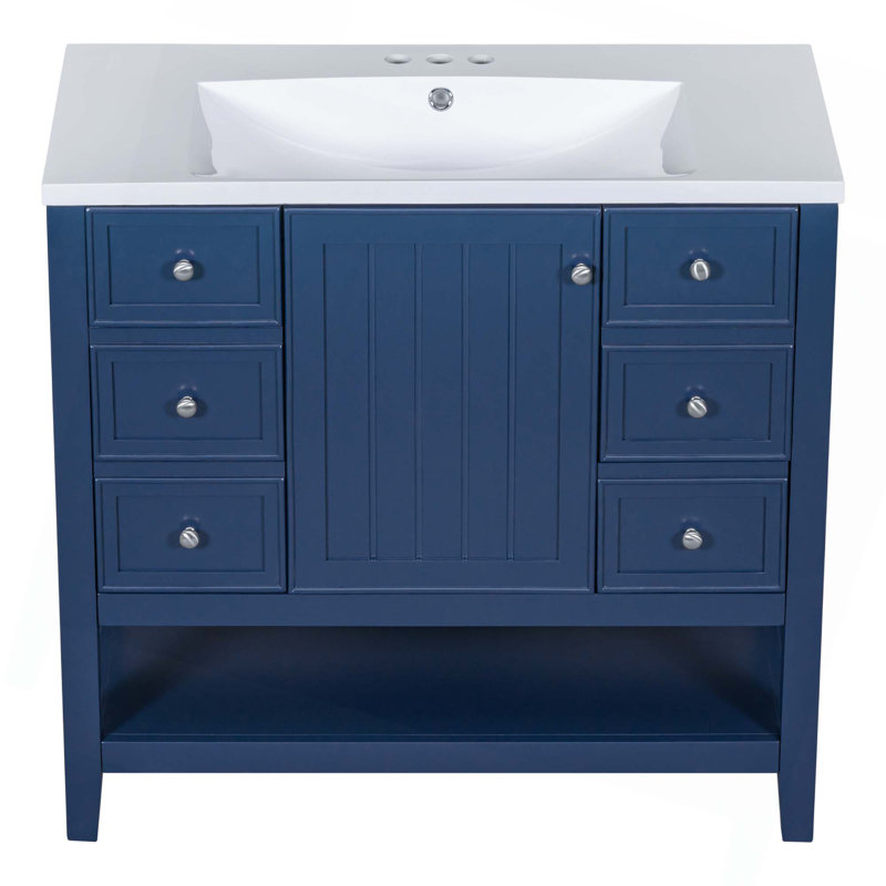 Ensemble de meuble-lavabo 36 po avec lavabo, une armoire et trois tiroirs, bois massif et panneau de fibres à densité moyenne