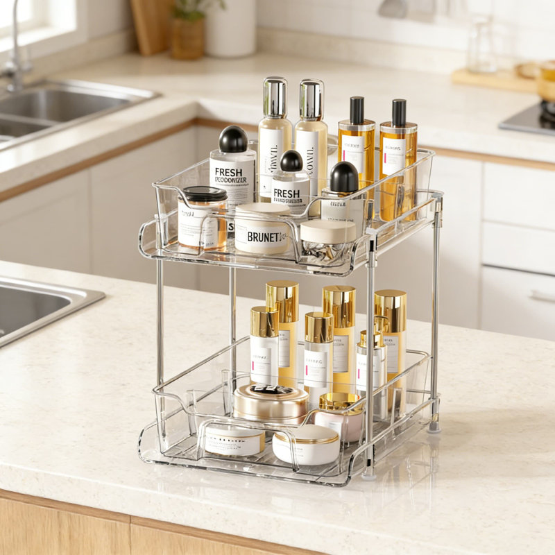 Organisateur à 2 niveaux coulissant sous l'évier avec séparateurs, rangement coulissant transparent pour armoires de cuisine et de salle de bain, rangement pour garde-manger et réfrigérateur, paquet de 4
