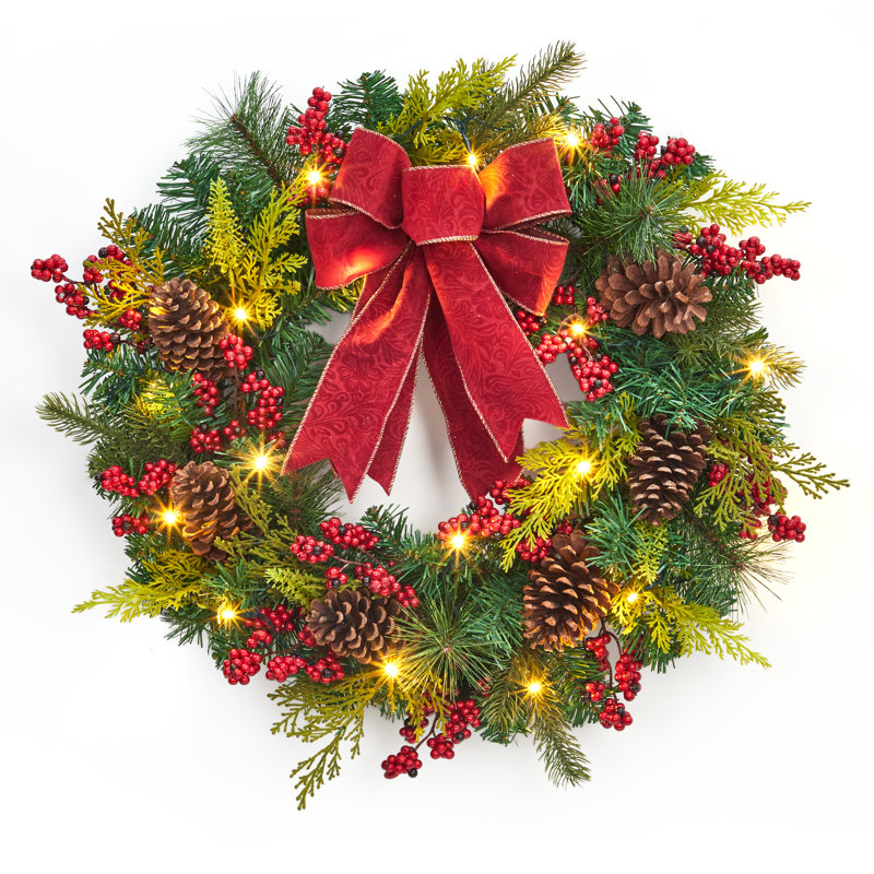 Couronne de Noël 24 po pré-éclairée avec 20 modes d'éclairage, ornements brillants et ruban, couronne de Noël artificielle illuminée