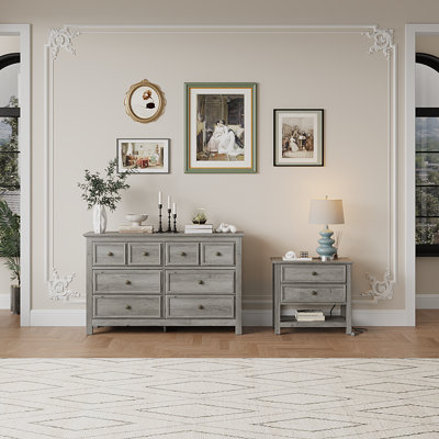 2 Piece Bedroom Dresser Set - 8 Drawer Dresser And 26.7''w 2-drawer Nightstand With Charging Station And Open Shelf,gray Wash