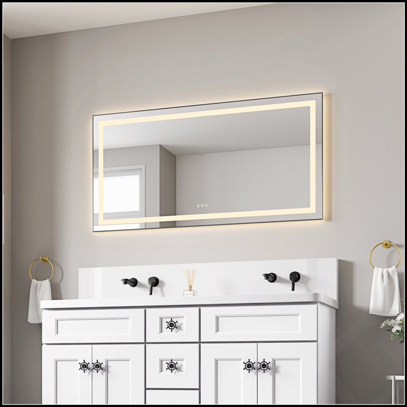 Miroir de salle de bain à DEL avec façade et rétroéclairage, miroir de meuble-lavabo mural avec cadre en aluminium, antibuée, mémoire, 3 couleurs, gradation continue