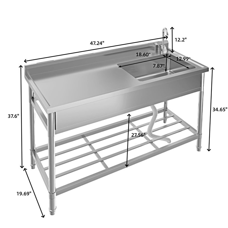 Freestanding Stainless Steel Utility Sink with Storage Shelf, 360° Rotating Faucet, Hot & Cold Water Ready, Rust-Resistant Laundry and Kitchen Sink
