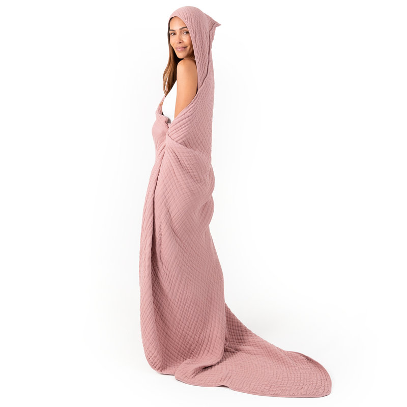 Comfy Cubs Adult Hooded Towel, Large Muslin Cotton Durable and Dual Function Wearable Blanket and Absorbent, Mauve